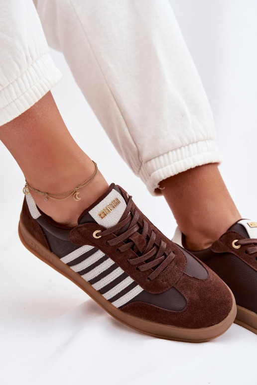 Moteriškas sneakers modelio batai iš natūralios odos ir zomšo Big Star TT274715 šokolado spalvos