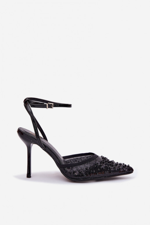 Moteriškos basutės su plonais kulniukais dekoruotos blizgučiais juodos spalvos Nedira