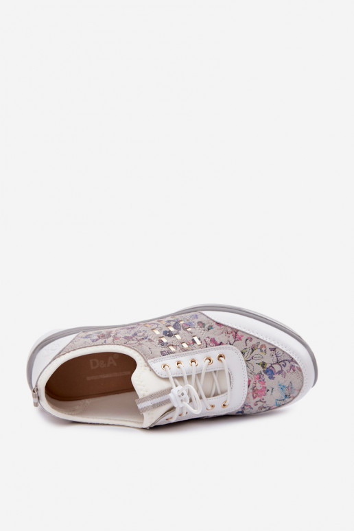 Raštuoti odiniai bateliai moteriški D&A GR61-5990 baltos spalvos