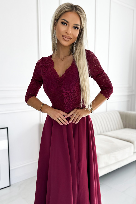 Bordo ilga elegantiška suknelė su nėriniuotu iškirpte
