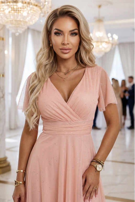 MELANIA ilga persikinė blizganti suknelė vestuvėms