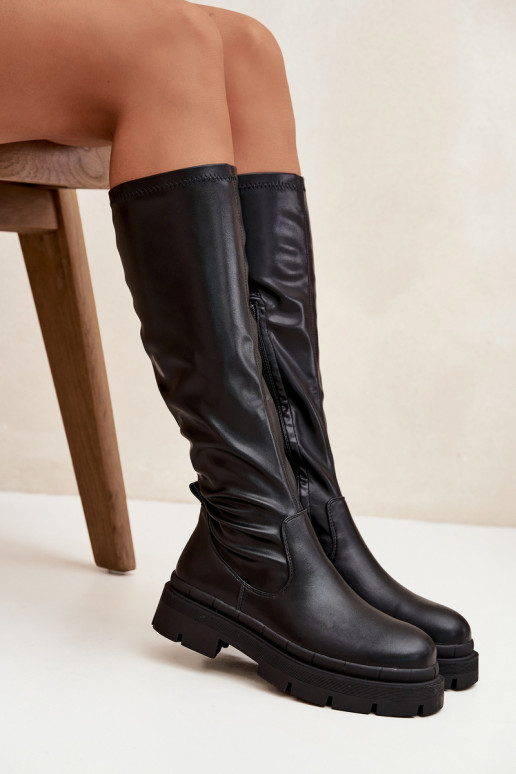 moteriški ilgaauliai batai su platforma iš eko odos Juodos spalvos Marivelle