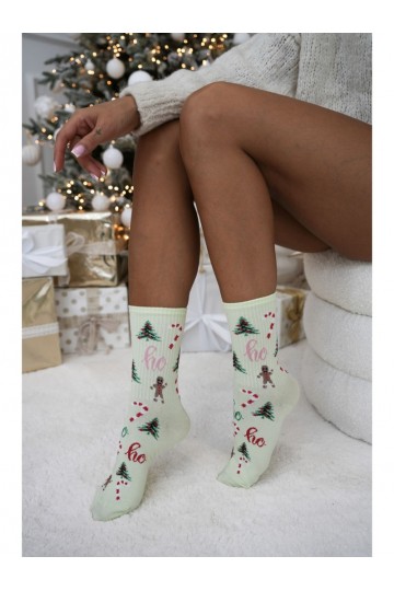Kojinės  Christmas Choinki Ho Ho Ho Pistacjowe