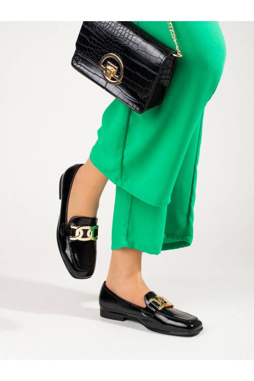 su lako efektu juodos spalvos moteriški pusbačiai su grandinėle Shelovet