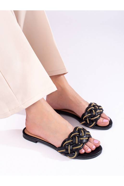 Elegantiško stiliaus juodos spalvos Šlepetės  su dekoratyvine grandinėle Shelovet