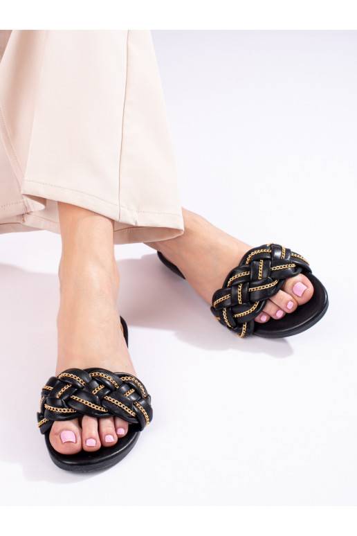 Elegantiško stiliaus juodos spalvos Šlepetės  su dekoratyvine grandinėle Shelovet