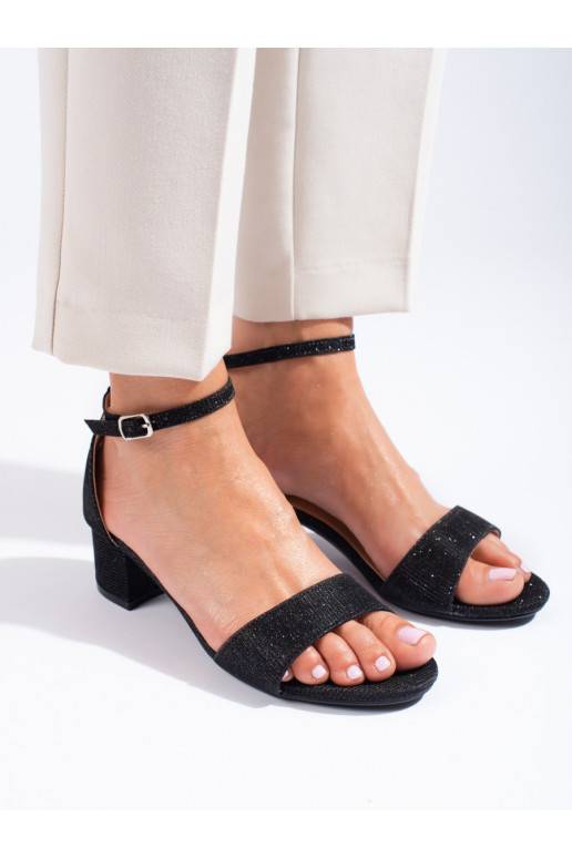Elegantiško stiliaus brokatowe sandalai žemu kulniuku Shelovet juodos spalvos