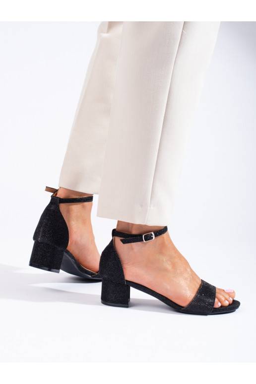 Elegantiško stiliaus brokatowe sandalai žemu kulniuku Shelovet juodos spalvos