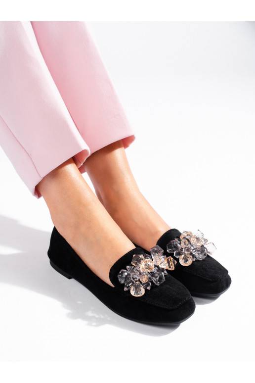 Juodos spalvos iš zomšos lords stiliaus batai z ozdobnymi kryształkami Shelovet